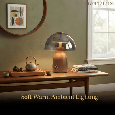 Vintage Table Lamp — Rubber wood & Smoked Glass for Bedroom