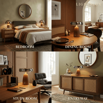 Indoor Vetro Vintage Table Lamp — Rubber wood & Smoked Glass for Bedroom Study