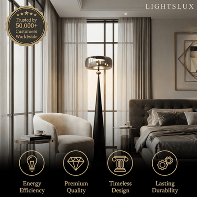 Modern Glass Floor Lamp -- Black Metal & Smoke Grey/Amber for Living Room