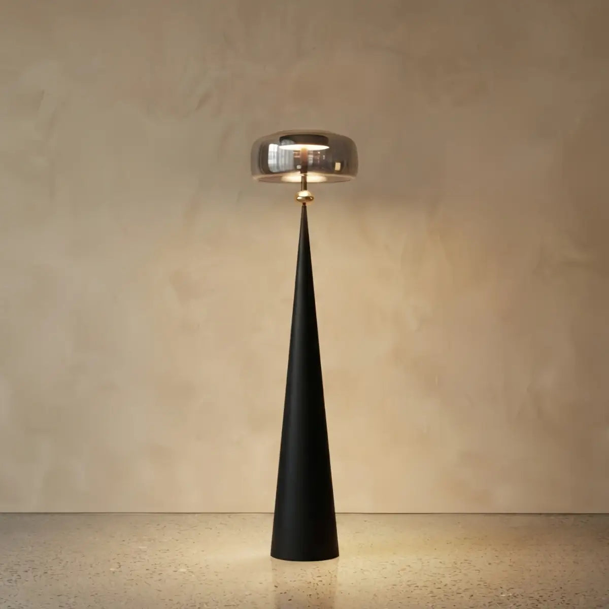 Vetro Modern Glass Floor Lamp -- Black Metal & Smoke Grey/Amber