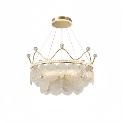 Excelis Elegant Crown-inspired Pendant Light -- Water-ripple Glass & Crystal Gold