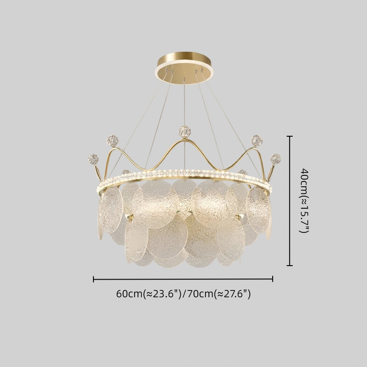 Excelis Elegant Crown-inspired Pendant Light -- Water-ripple Glass & Crystal Gold Size
