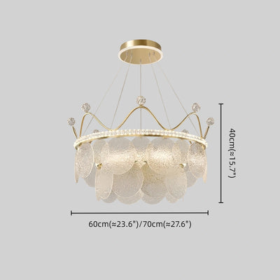 Excelis Elegant Crown-inspired Pendant Light -- Water-ripple Glass & Crystal Gold Size