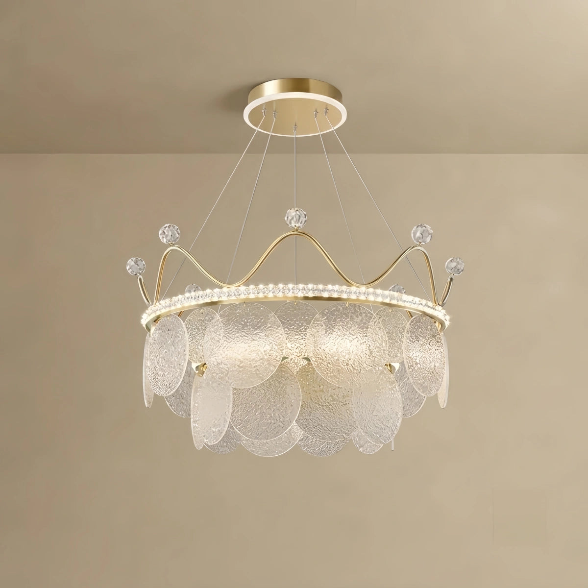 Elegant Crown-inspired Pendant Light -- Water-ripple Glass & Crystal Gold