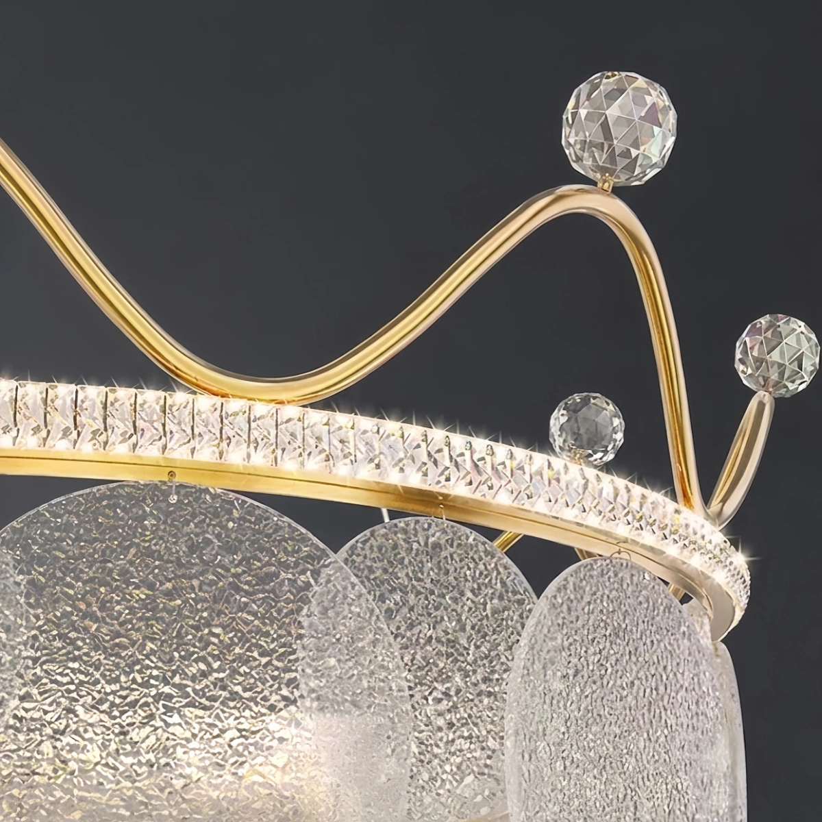 Excelis Elegant Crown-inspired Pendant Light -- Water-ripple Glass & Crystal Gold