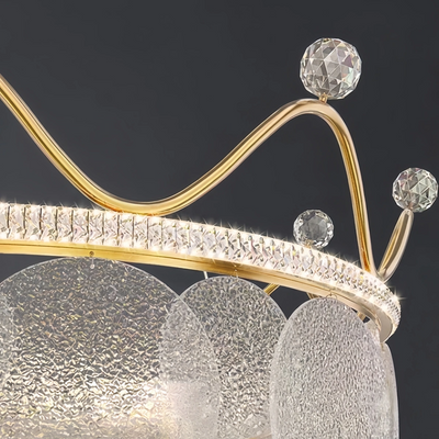Excelis Elegant Crown-inspired Pendant Light -- Water-ripple Glass & Crystal Gold