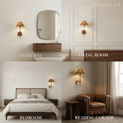 JUN106Bamburo Rustic Rattan Wall Sconce – Natural Shade & Aged Brass for Bedroom