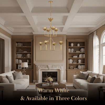 Chandelier — Curved Petal Shades & Brass Frame for Dining Room