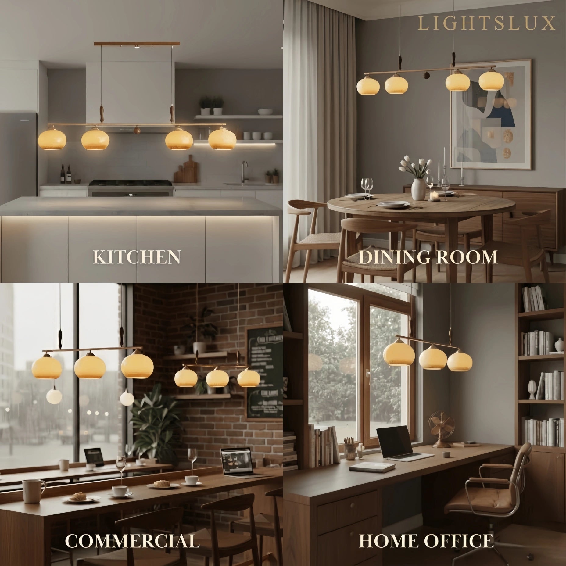 Modern Pendant Lamp — Amber Glass Shades & Brass Bar Wood Accent