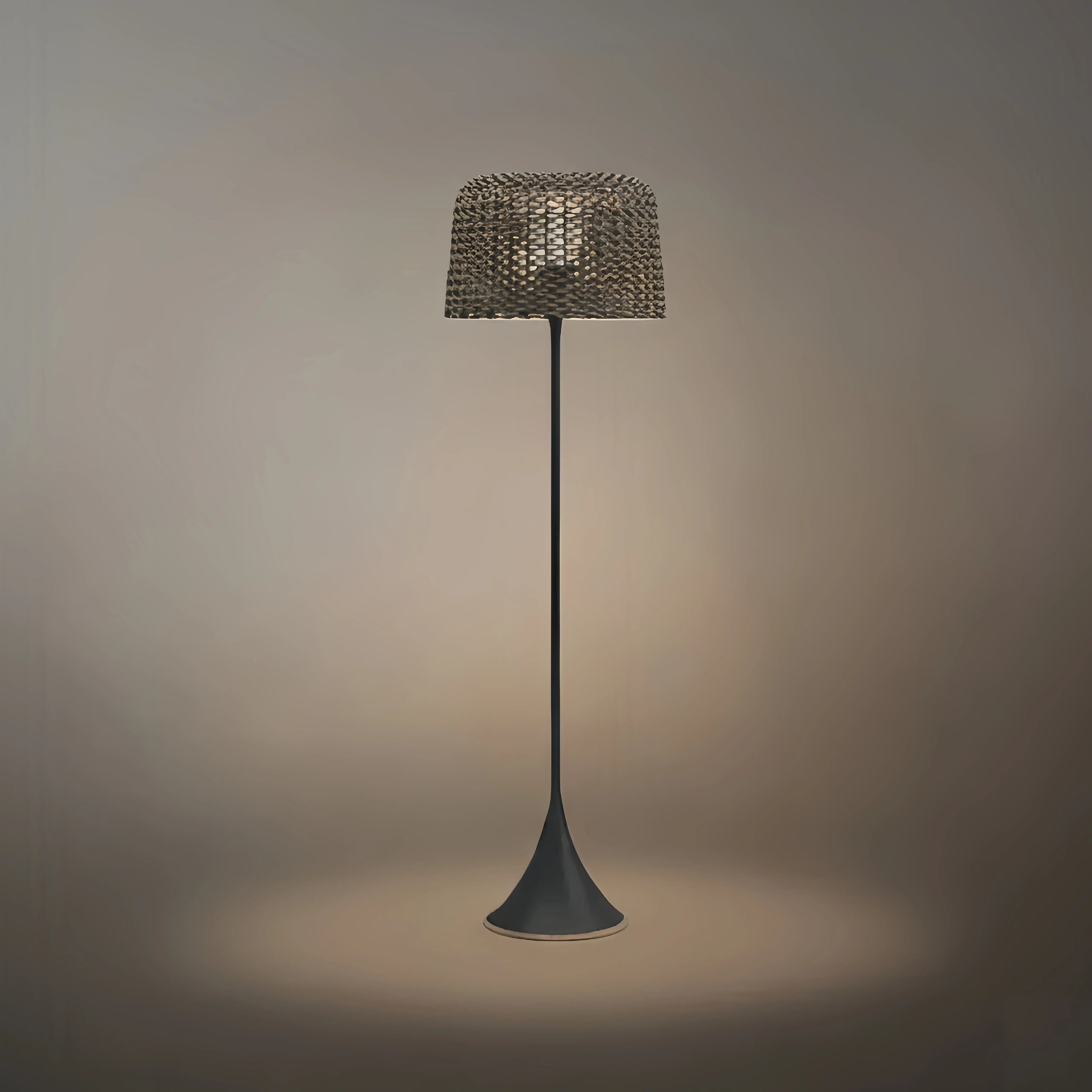 Bamburo Vintage Rattan Solar Outdoor Floor Lamp – Black Metal Hooded Terrace