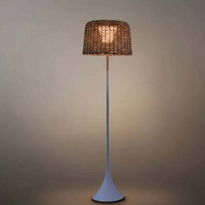 Bamburo Vintage Rattan Solar Outdoor Floor Lamp – Black Metal Hooded Terrace