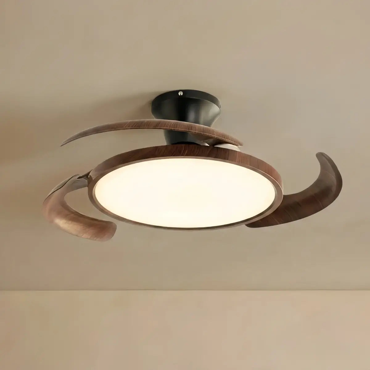 Zenno Modern Ceiling Fan Light -- Walnut Wood & Black PVC with LED