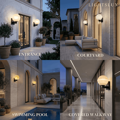 Art Deco Planet Wall Light -- Stainless Steel & Glass, Black/Beige for Outdoor