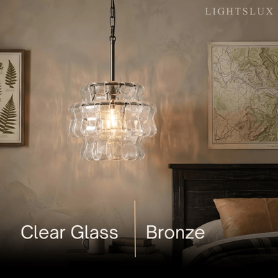 Art Deco Pendant Light -- Curved Textured Glass & Electroplated Brass