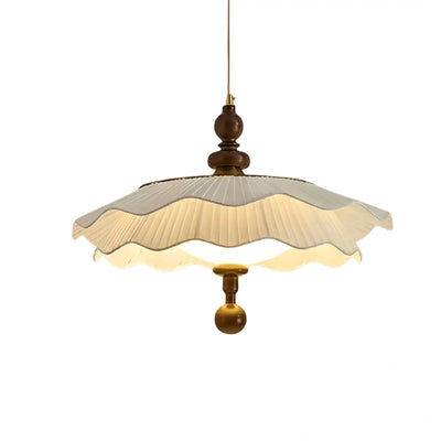 Modern Pleated Fabric Pendant Light– Wood Walnut White