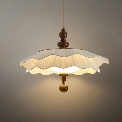 Modern Pleated Fabric Pendant Light– Wood Walnut White