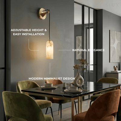 Natural Alabaster Wall Lamp— Brass Body with White Shade