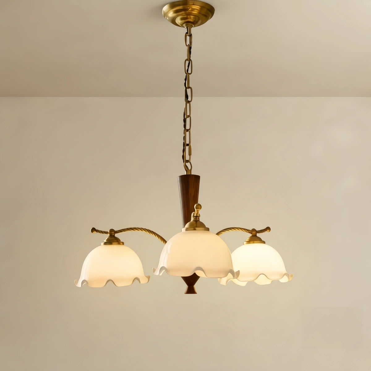  Vintage Iron Glass Walnut Wood Chandelier -- Copper or Walnut for Living Room