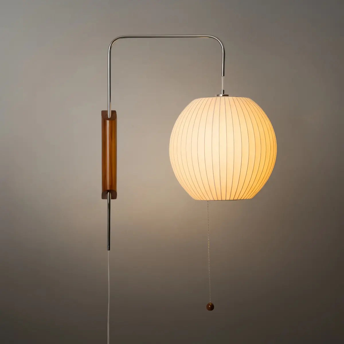 Modern Plug-In Wall Lamp -- Polymer Steel Walnut Metal Chrome & Walnut with White Shade