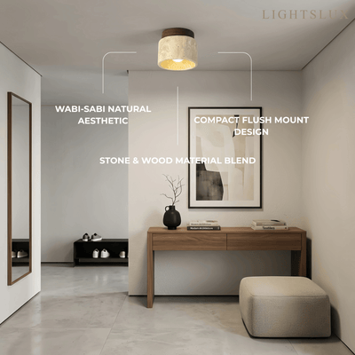 Minimalist Flush Mount Ceiling Light — Stone & Wood Yellow Log Color
