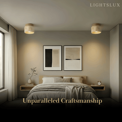 Minimalist Flush Mount Ceiling Light — Stone & Wood Yellow Log Color