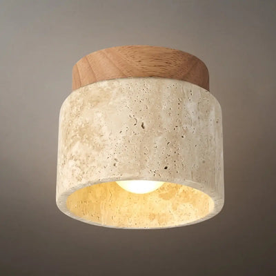 Minimalist Flush Mount Ceiling Light — Stone & Wood Yellow Log Color
