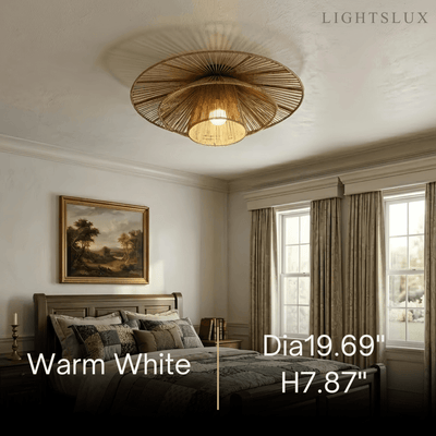 Natural Hemp Rope Flush Mount Ceiling Light -- Woven Linen Color