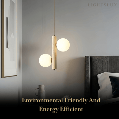 Modern Travertine Pendant Light -- Natural Stone & Wood