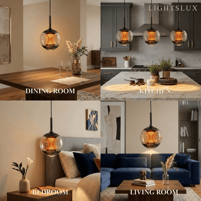 Modern Linear Pendant Light -- Black Metal & Glass Globe