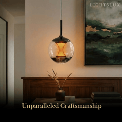 Modern Linear Pendant Light -- Black Metal & Glass Globe