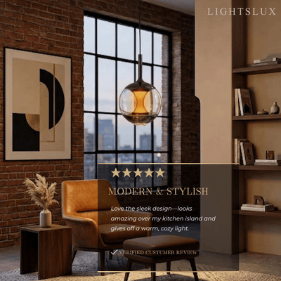 Modern Linear Pendant Light -- Black Metal & Glass Globe