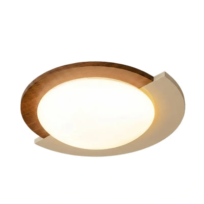 Modern Walnut Round Ceiling Light -- White Metal & Acrylic