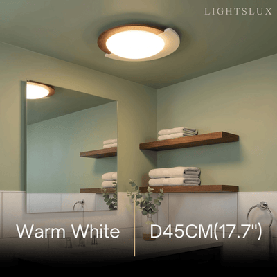 Modern Walnut Round Ceiling Light -- White Metal & Acrylic