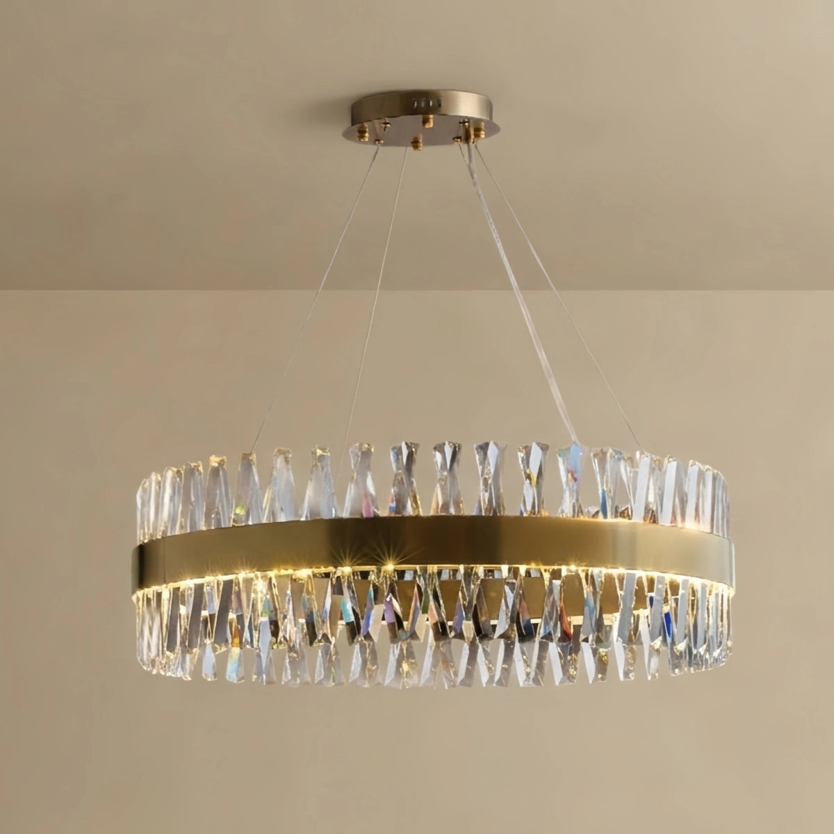 Excelis Crystal Prism Round Chandelier – Gold Metal for Dining Room 