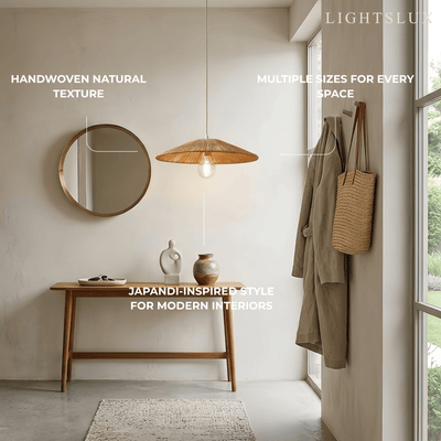 Bamburo Natural Japanese Style Rattan Pendant Light - Brown/Black Hemp Rope for Kitchen, Dining Room & Living Room