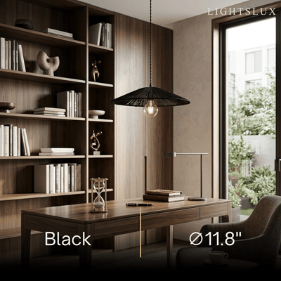 Bamburo Natural Japanese Style Rattan Pendant Light - Brown/Black Hemp Rope for Kitchen, Dining Room & Living Room