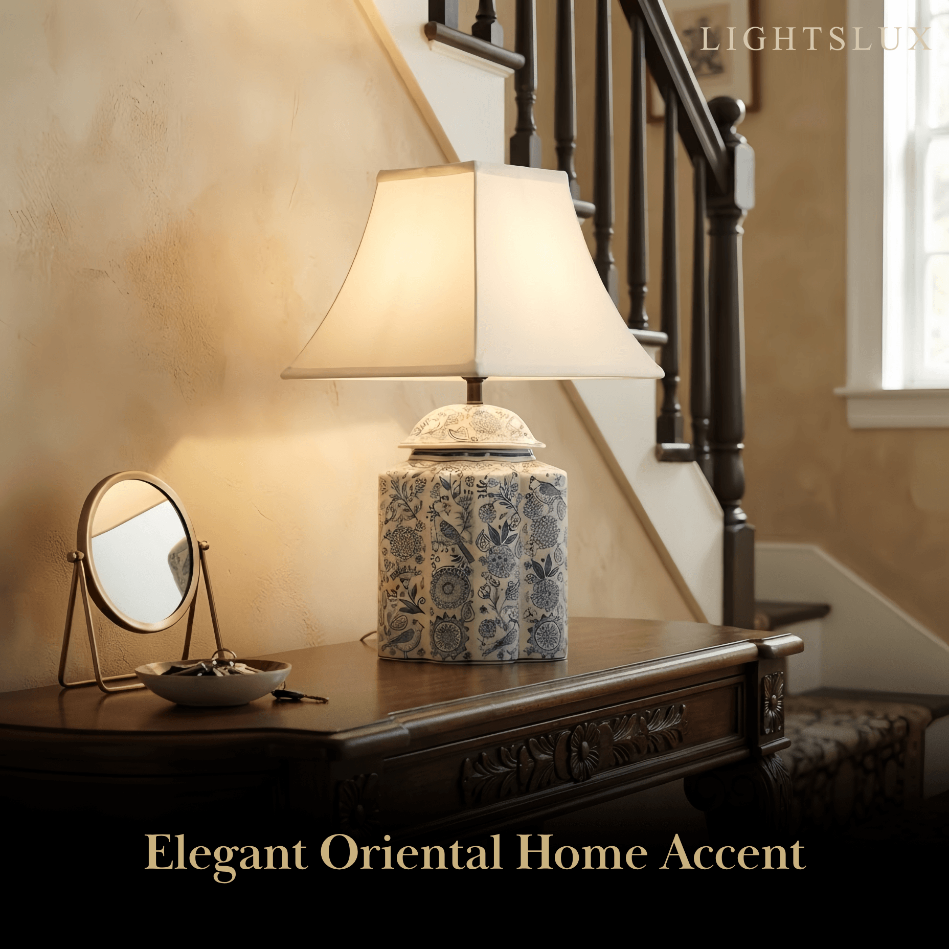 Elegant Hand-Painted Ceramic Table Lamp -- Blue Body with Beige Linen Shade Accent