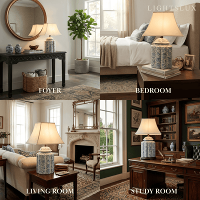 Velora Elegant Hand-Painted Ceramic Table Lamp -- Blue Body with Beige Linen Shade for Indoor