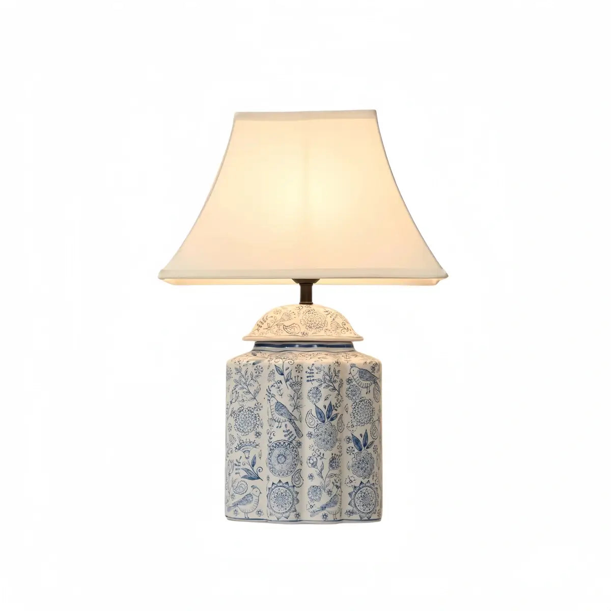Velora Elegant Hand-Painted Ceramic Table Lamp -- Blue Body with Beige Linen Shade for Living Room