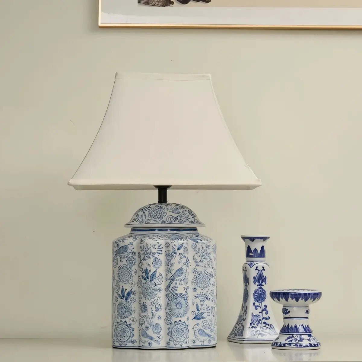 Elegant Hand-Painted Ceramic Table Lamp -- Blue Body with Beige Linen Shade Detail