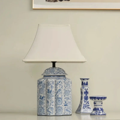 Elegant Hand-Painted Ceramic Table Lamp -- Blue Body with Beige Linen Shade Detail