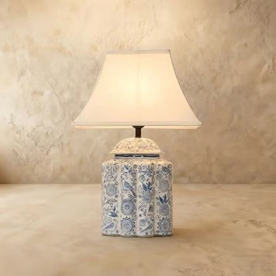 Velora Elegant Hand-Painted Ceramic Table Lamp -- Blue Body with Beige Linen Shade for Living Room