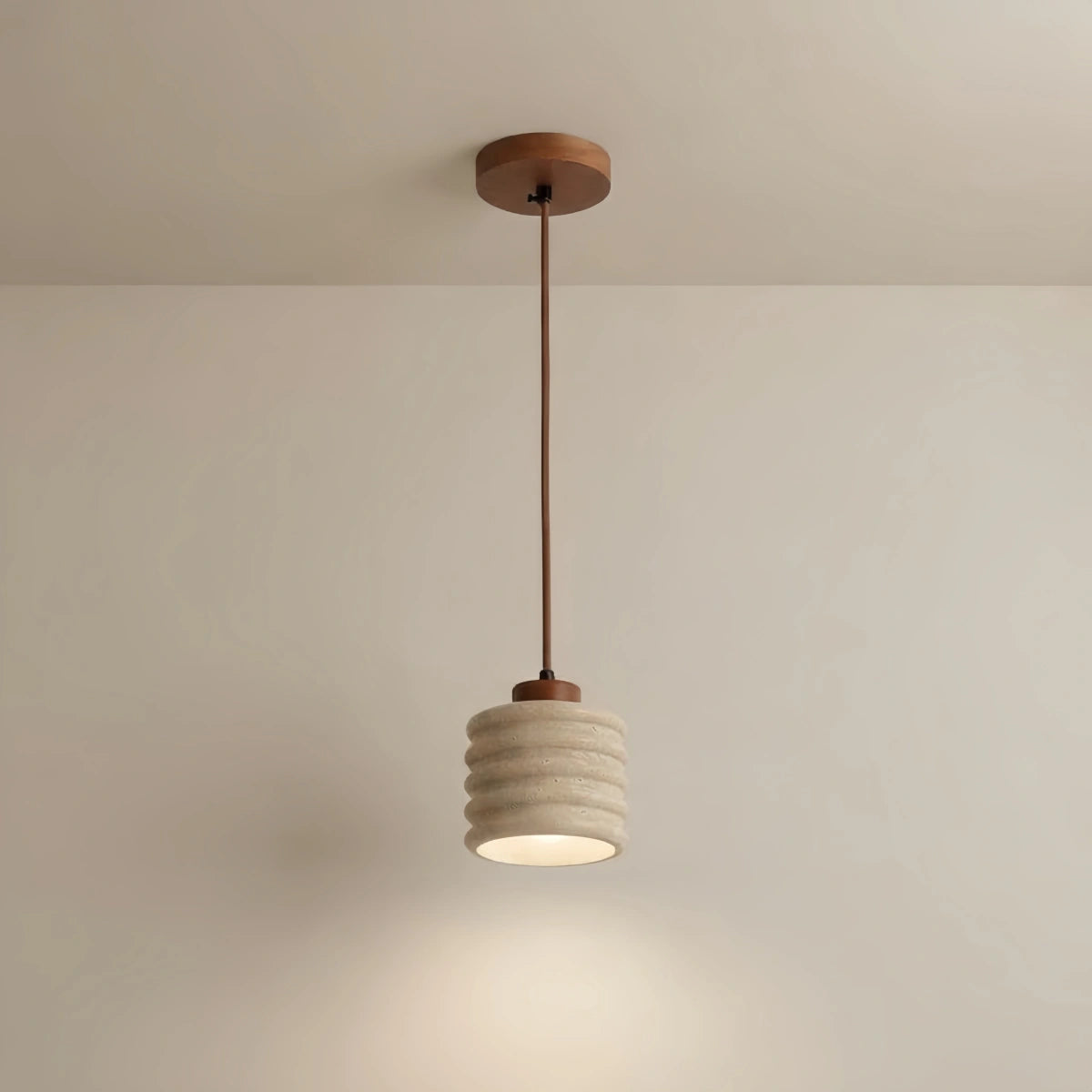 Strata Modern Yellow Pendant Light - Travertine & Wood Ceiling Lamp for Dining Area