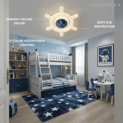 Vivara Art Deco Ship's Helm Ceiling Light -- Iron & PE Dimmable White/Blue for Teenager Bedroom