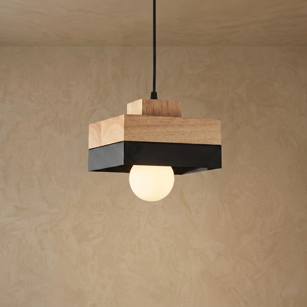 Zenno Modern Square/Round Pendant Light – Black Metal/Wood for Dining Room