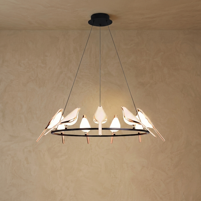 Modern Bird Chandelier – Gold Acrylic Magpie Design for Contemporary Luxury Interiors