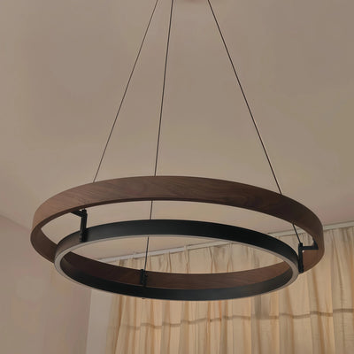 Zenno Modern Farmhouse Chandelier – Wood & Black Acrylic Circular LED for Dining Room